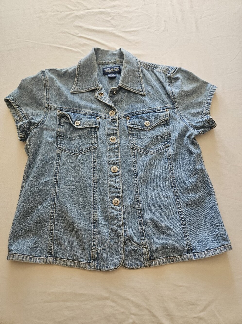 🍒Y2K Blue Asphalt Light Blue Denim Snap-Front Women's Shirt Size Medium